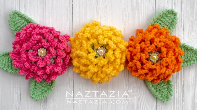 Crochet Chain Loop Flower Mum and Chrysanthemum with Leaf