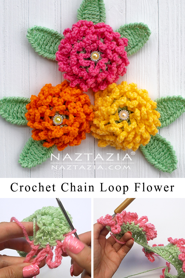 Crochet Chain Loop Flower Mum and Chrysanthemum with Leaf