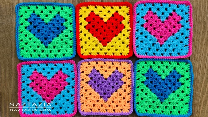 How to Crochet Granny Square Heart Written Pattern and Video by Donna Wolfe from Naztazia