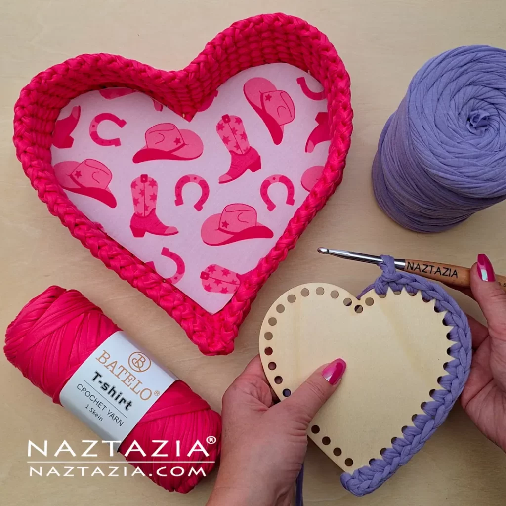 Crochet Heart Basket using Wooden Base Template by Donna Wolfe from Naztazia