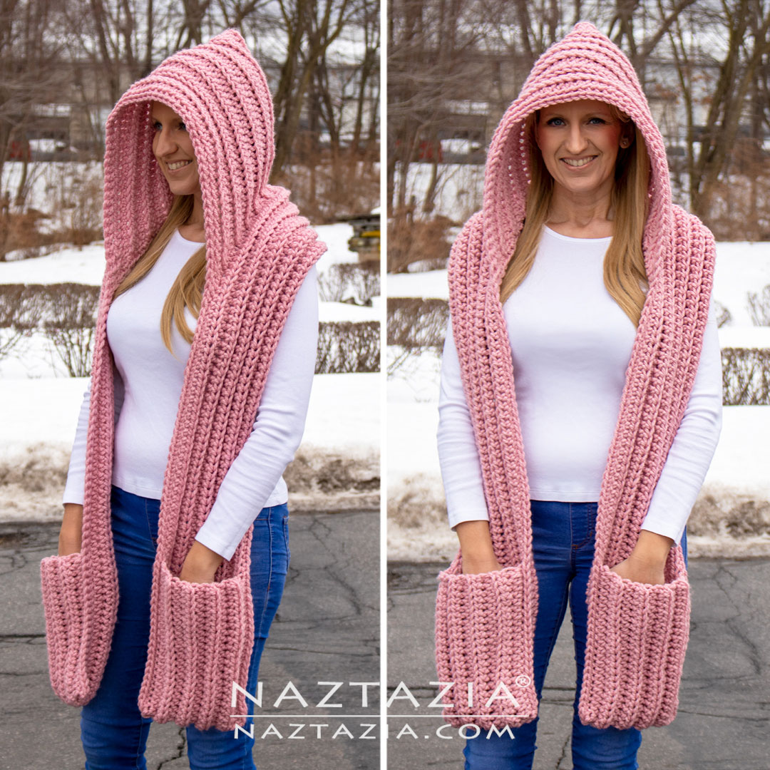 Crochet Hooded Scarf with Pockets - Naztazia