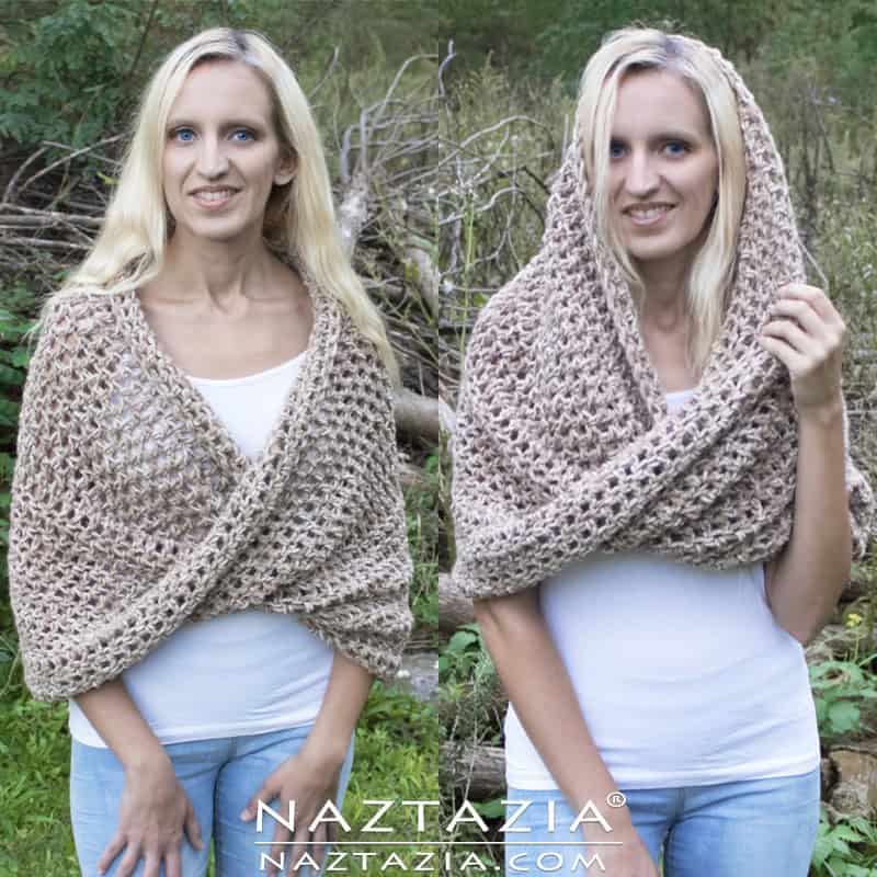 A two-photo collage of Donna Wolfe wearing a tan crocheted Mobius shawl as a wrap on the left and as a hooded cowl on the right.