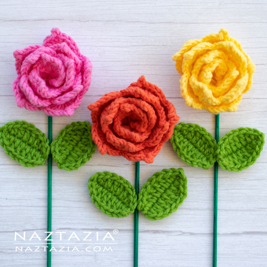 Crochet Rose Flower with Leaf Tutorial Naztazia