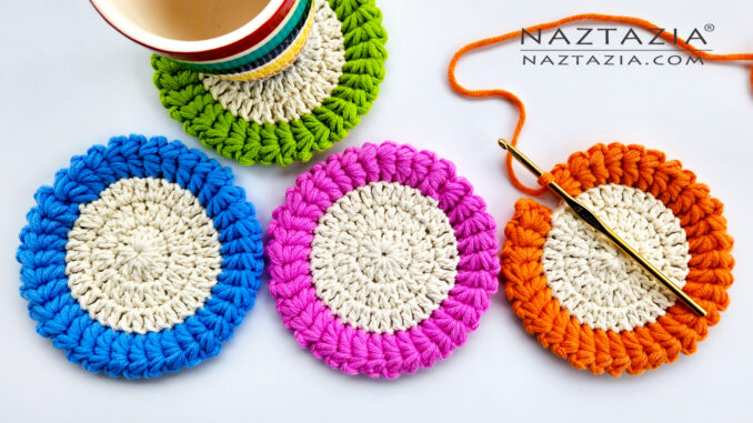 Crochet Star Stitch Coasters Written Pattern and Video Tutorial Video by Donna Wolfe from Naztazia