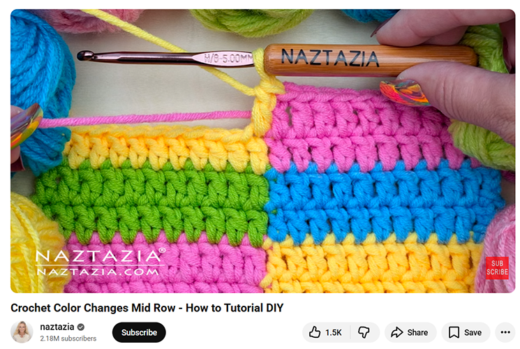 An example from a Donna Wolfe (Naztazia) YouTube video, showing the soft yarn used in this tutorial video.