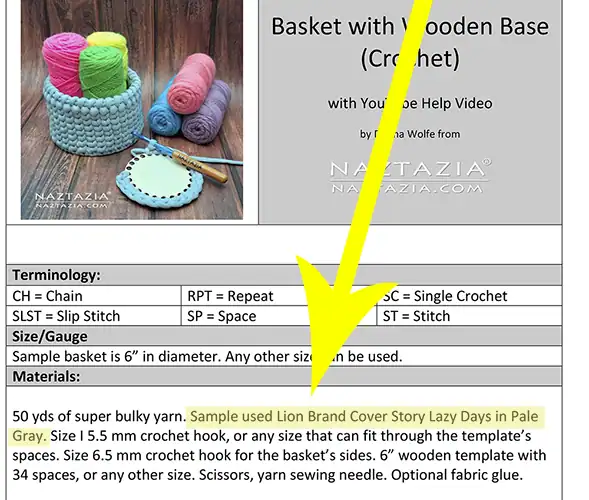 Screenshot of a Naztazia crochet pattern by Donna Wolfe, showing the 'Materials' section highlighted to help users find the yarn and supplies list.