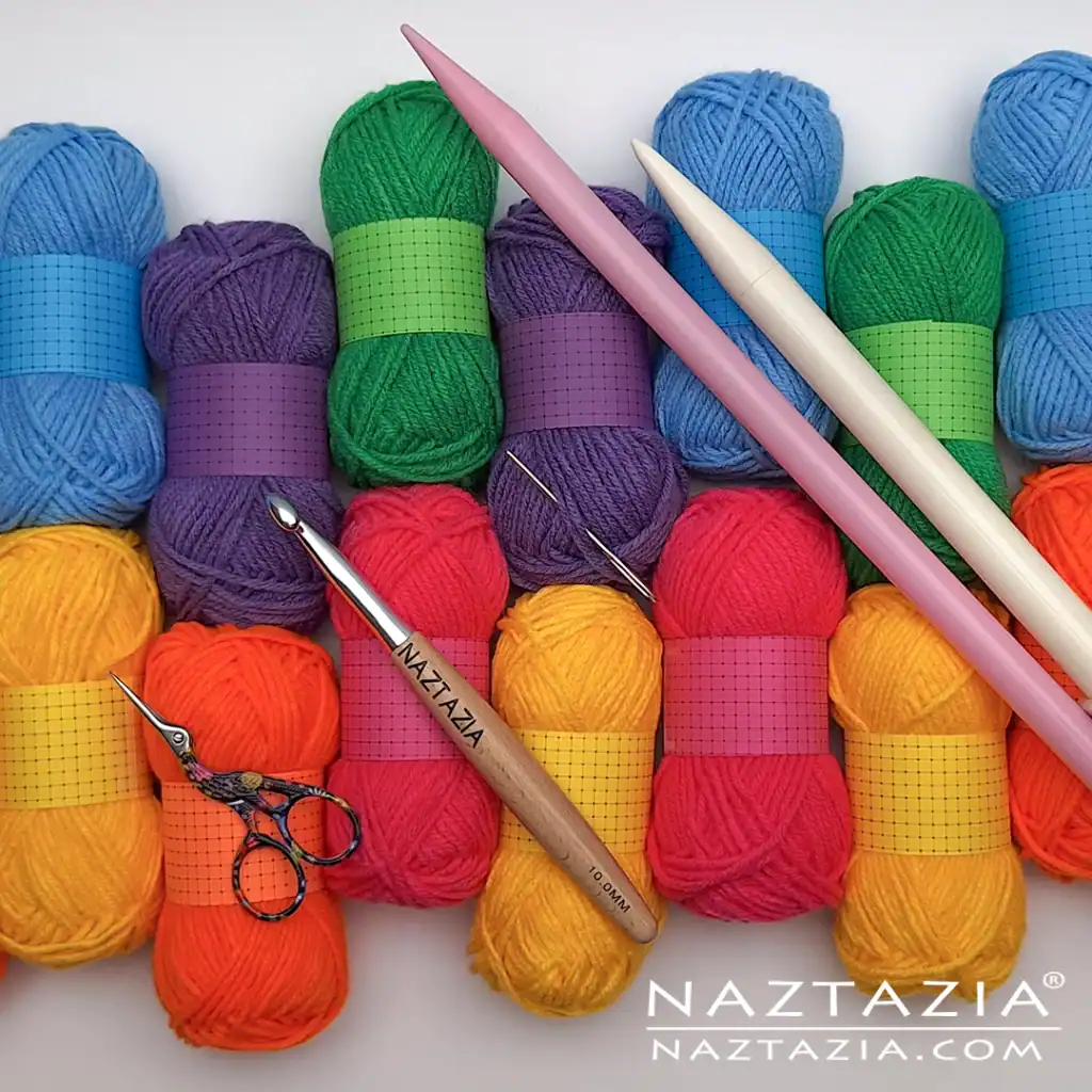 Naztazia supplies page hero image showing a crochet hook, yarn, knitting needles, scissors, and a sewing needle.