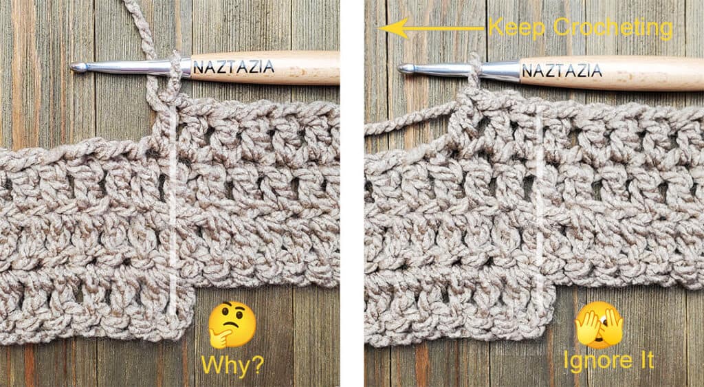 A two-photo collage of a crochet hook a tan Mobius shawl crocheted on the left and on the right explaining a frequently asked question of how to crochet rounds 2 and 3 of the crochet pattern.