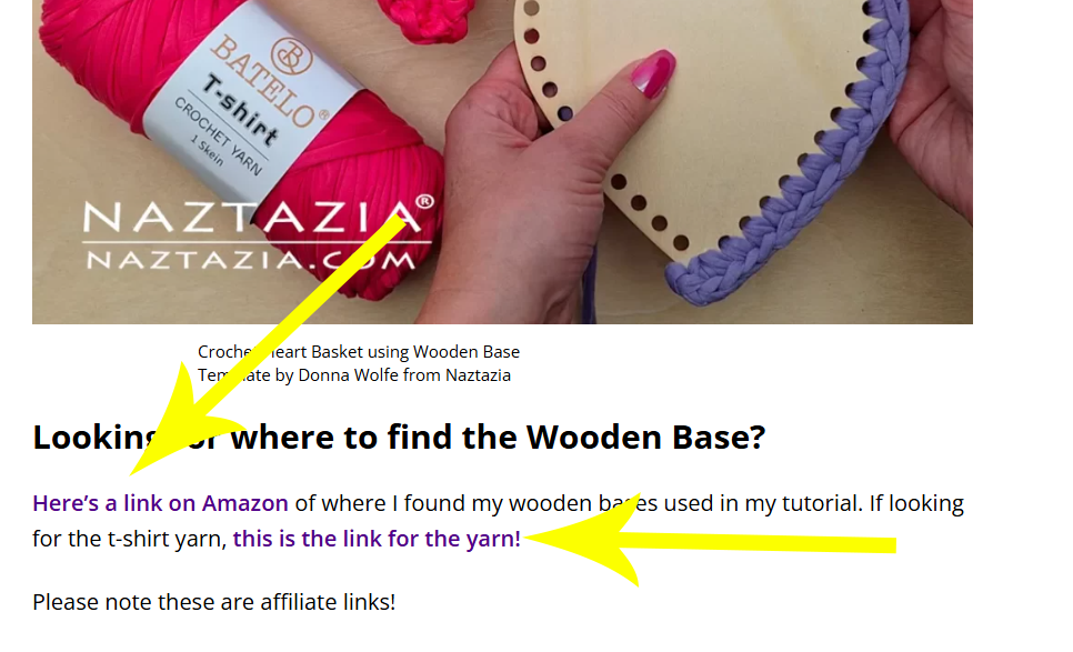 A screenshot of a Naztazia.com pattern page, created by Donna Wolfe, showing the "where to find" link for supplies used in the project.