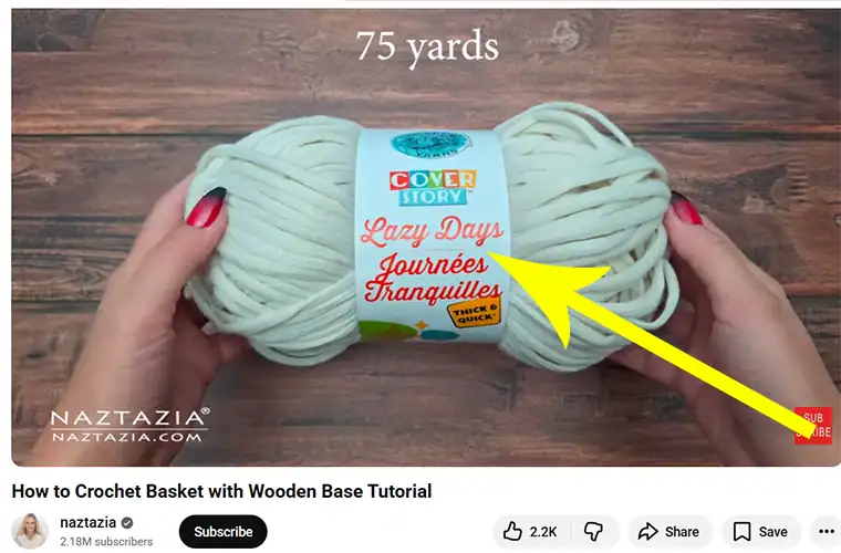 A screenshot from a Donna Wolfe (Naztazia) YouTube tutorial, showing the specific yarn used (Cover Story) on screen at the beginning of the lesson.