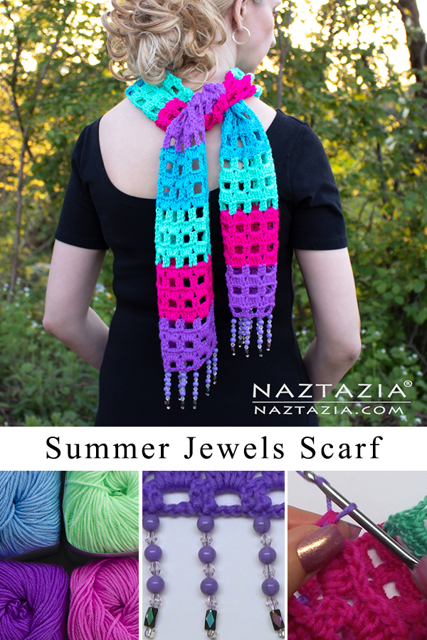 Crochet Summer Jewels Scarf with Beaded Fringe Border Edging