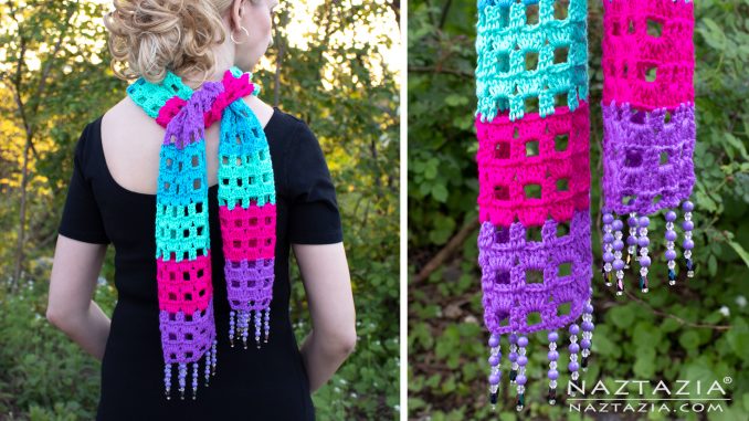 Crochet Summer Jewels Scarf with Beaded Fringe Border Edging