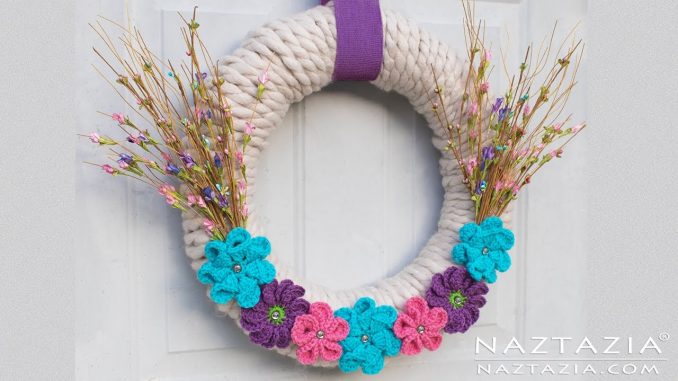 Yarn Wrapped Wreath with Crochet Flowers for Wall and Door Decor